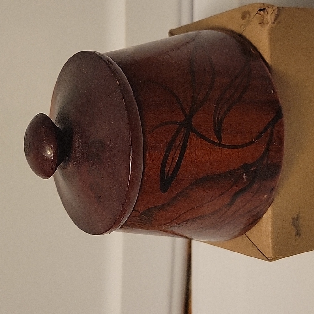 Signed wooden trinket box with lid. Flowers and Leaves. Made in Haiti